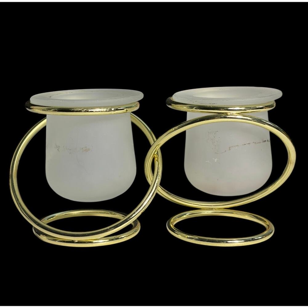 1990's PartyLite Gemini Interlocking Gold Rings & Frosted Glass Candle Holders